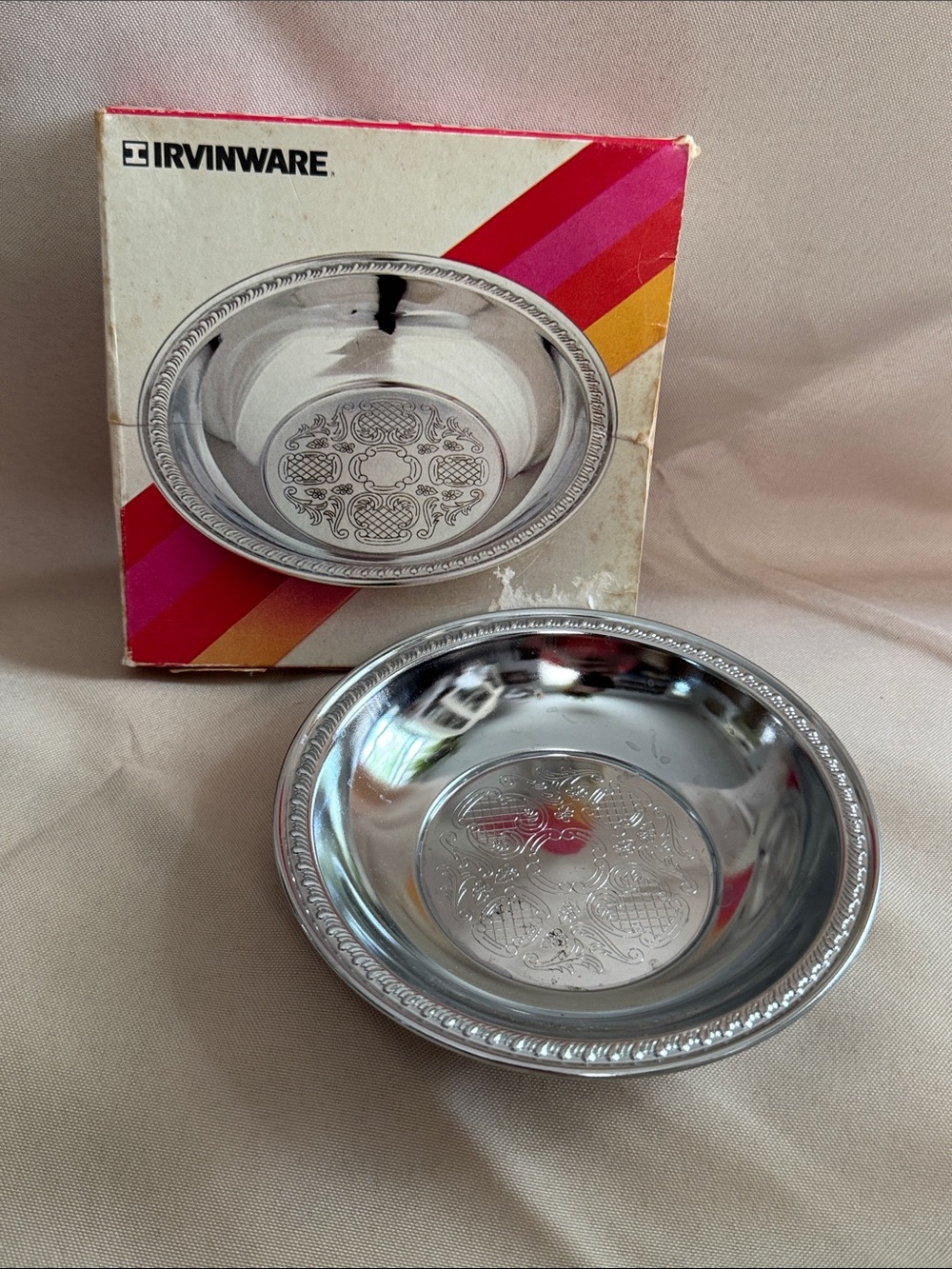 Vintage Irvinware Chromeware Nut & Candy Dish 5.5" w/ Original Box